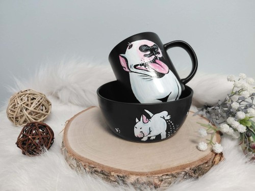 Wyjątkowy zestawy śniadaniowy ręcznie malowany Bulterier.