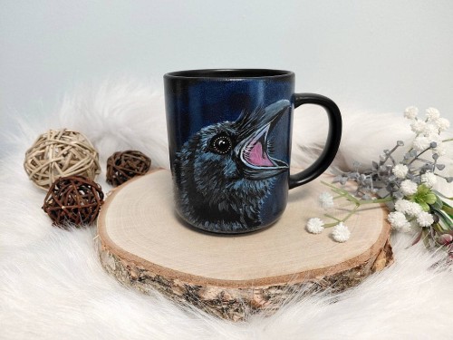 Kubek ręcznie malowany  ptak KRUK 