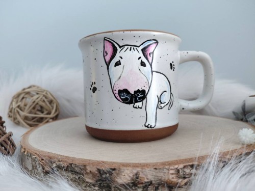 Wyjątkowy, ręcznie malowany kubek w kropki Bulterier.