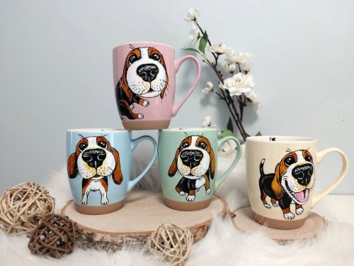 4 Wyjątkowe, ręcznie malowane kubki Beagle 3 + 1 gratis