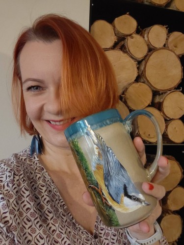 Wyjątkowy, ręcznie malowany kubek 600 ml ptak kowalik