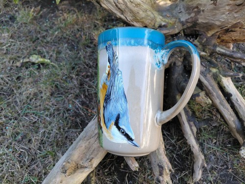 Wyjątkowy, ręcznie malowany kubek 600 ml ptak kowalik